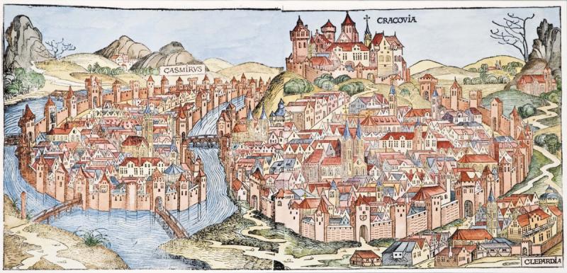 Panorama Krakowa według Kroniki świata Hartmana Schedla, wydanej w Norymberdze w 1493 roku, faksymile ryciny. Muzeum Okręgowe w Toruniu