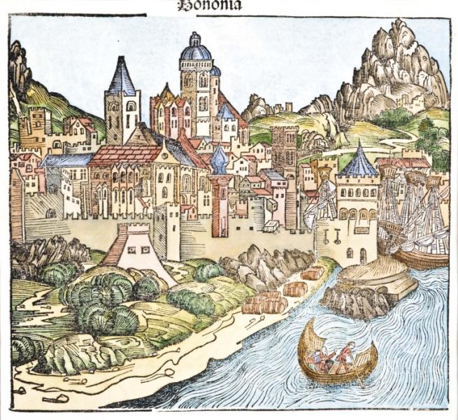 View of Bologna according to the Chronicle of the World by Hartmann Schedel, published in Nuremberg in 1493. Facsimile of the engraving. Regional Museum in Toruń