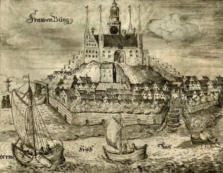 A copperplate engraving from the book 'Alt und Neues Preussen' by Krzysztof Hartknoch depicting a view of Frombork in the mid-17th century. Regional Public Library - Copernican Library in Toruń