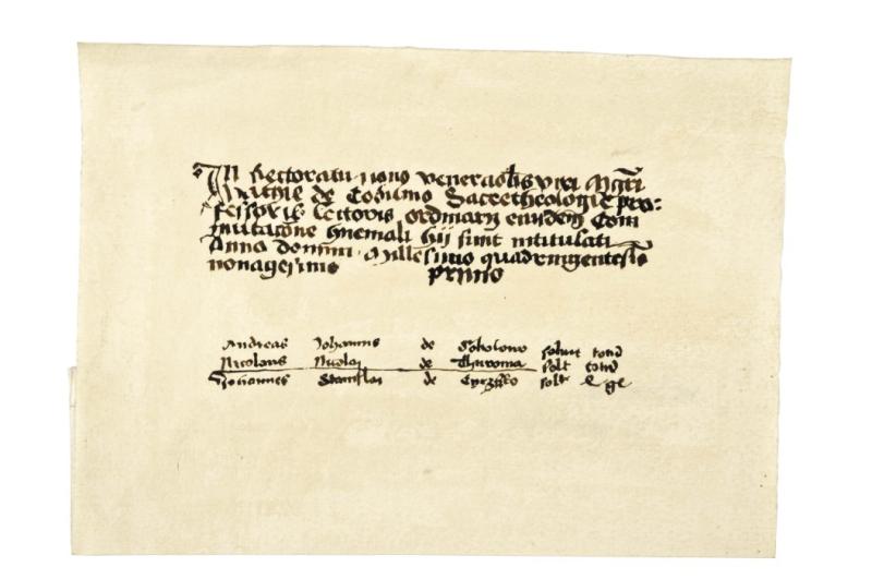 The document with the entry of Nicolaus Copernicus in the Matriculation Book of the Jagiellonian University from 1491, original from the Archives of the Jagiellonian University, facsimile from the collections of the Regional Museum in Toruń