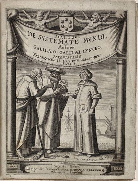 The engraving shows Copernicus in conversation with Aristotle and Ptolemy. It is from Galileo's book 'Dialogues Concerning Two New Sciences' published in 1636