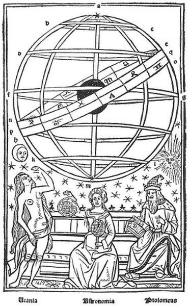 The woodcut from the 15th century depicts Urania, Astronomy, and Claudius Ptolemy in the company of the geocentric model of the world. Astronomy holds a flat astrolabe in her right hand.