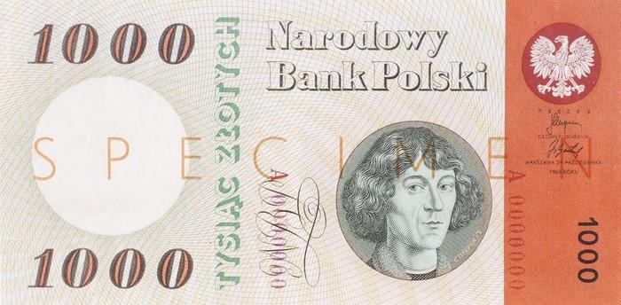 Julian Pałka, Henryk Tomaszewski, 1000-zloty bank note sample – obverse