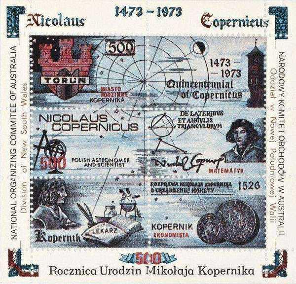 Nicolaus Copernicus 1473-1973 commemorative block issued by the National Committee for the Celebration of the 500th Anniversary of Copernicus' Birth in Australia, 1973
